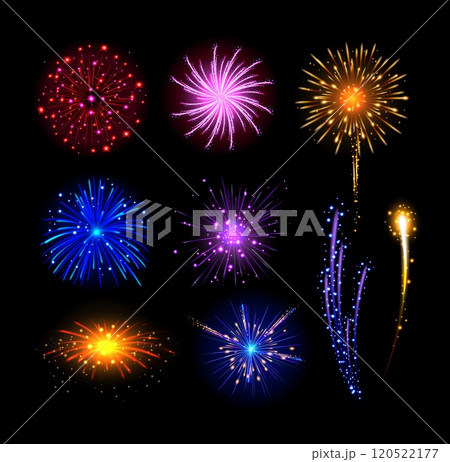 Realistic fireworks. Festive colorful fireworks with brightly shining sparks, fire burst. New year and independence day pyrotechnics show. Greeting card element vector set 120522177