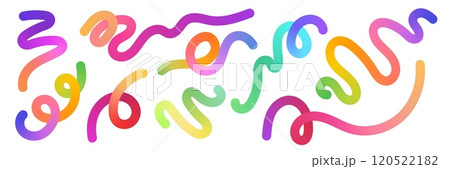 Color gradient wave. Rainbow gradient wavy strokes. Colorful curly brushstrokes, abstract swirl shapes, retro fluid line elements. Vector set isolated 120522182