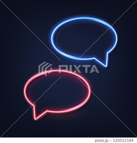 Neon speech bubbles. Red and blue thinking comic bubbles with space for text on the transparent background, chat boxes. Neon light sign glowing frame. Vector versus concept Neon speech bubbles. Red and blue thinking comic bubbles with space for text on the transparent background, chat boxes. Neon light sign glowing frame. Vector versus concept 120522184