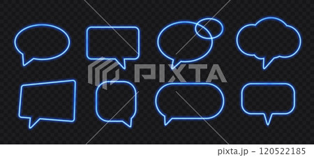 Neon speech bubbles. Bright light frames for quotes and text. Neon blue light speech bubble promotion banner, glowing price tag, luminous discount borders. Vector set Neon speech bubbles. Bright light frames for quotes and text. Neon blue light speech bubble promotion banner, glowing price tag, luminous discount borders. Vector set 120522185