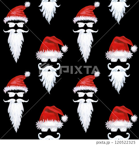Seamless pattern with a portrait of a modern Santa Claus in red and white. Illustration of Santa's hat, glasses, mustache and beard. Watercolor on a bright background perfect for a template Seamless pattern with a portrait of a modern Santa Claus in red and white. Illustration of Santa's hat, glasses, mustache and beard. Watercolor on a bright background perfect for a template 120522325