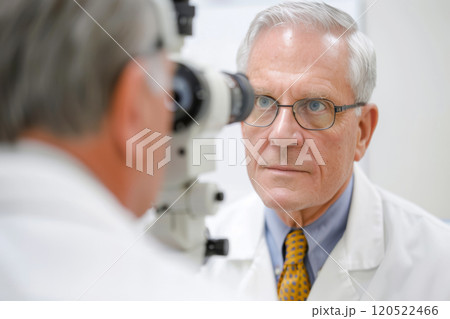 An ophthalmologist examines a patient's eyes, an adult doctor at work, an advertising concept for an ophthalmology clinic. 120522466