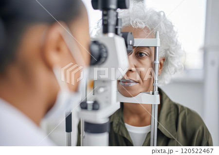 Doctor ophthalmologist checks client's vision for glasses prescription, vision correction clinic concept 120522467