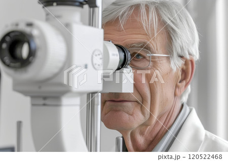 Doctor ophthalmologist sets up a machine for checking vision, concept of a clinic for vision correction 120522468