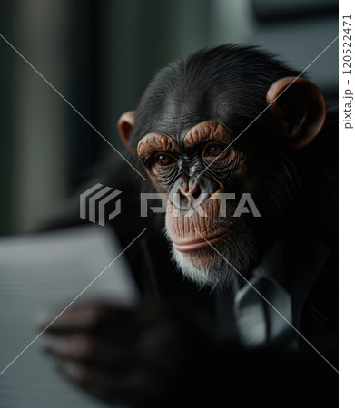 Portrait of a businessman chimpanzee sitting in a chair and reading documents, close-up business portrait 120522471