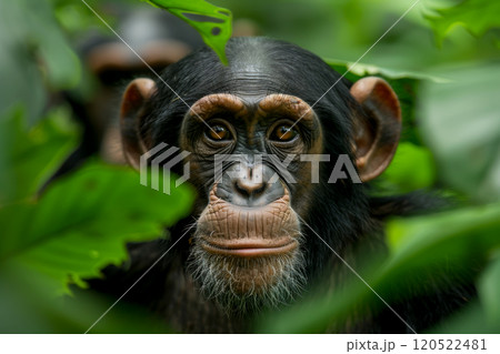 Chimpanzee among the bushes in the jungle, close-up, poster with the concept of protecting and caring for animals and ecology Chimpanzee among the bushes in the jungle, close-up, poster with the concept of protecting and caring for animals and ecology 120522481