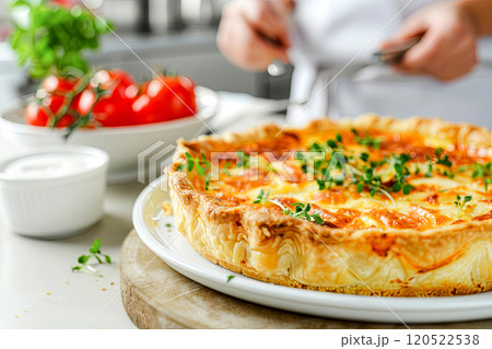 The chef serves a delicious French open tart to the table with cheese and smoked breast, close-up on Quiche Lorraine 120522538
