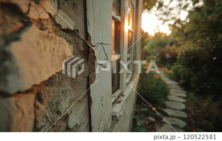 Old Window with Moss and Pink Flowers at Sunset Old Window with Moss and Pink Flowers at Sunset 120522581