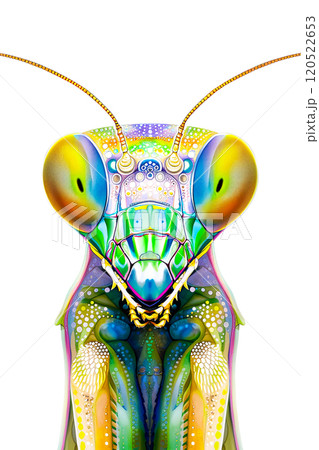 Close-up of the head of a praying mantis, watercolor in art nouveau style on a white background, concept for print Close-up of the head of a praying mantis, watercolor in art nouveau style on a white background, concept for print 120522653