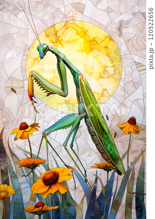 Mantis in a flowering meadow against the backdrop of the rising sun, concept for a background or idea for a print on a bag Mantis in a flowering meadow against the backdrop of the rising sun, concept for a background or idea for a print on a bag 120522656
