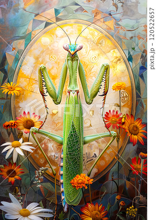 art nouveau style, praying mantis on a floral background and concept for print, vertical drawing art nouveau style, praying mantis on a floral background and concept for print, vertical drawing 120522657