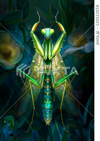 A hunting mantis against a background of blooming flowers in the dew, vertical poster and concept for print in art nouveau style 120522658