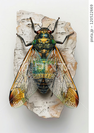 Drawing of a cicada on a tree trunk, vertical poster on a neutral white background, concept for t-shirt print Drawing of a cicada on a tree trunk, vertical poster on a neutral white background, concept for t-shirt print 120522669