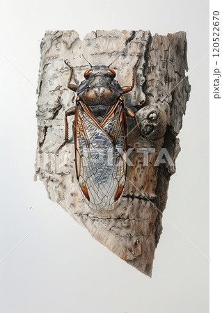 Cicadas on a plane tree trunk, vertical poster on a white background, concept for print Cicadas on a plane tree trunk, vertical poster on a white background, concept for print 120522670