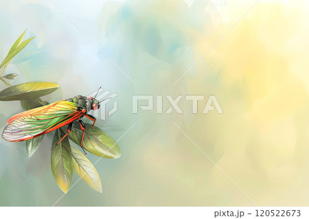 Watercolor drawing with a cicada sitting on a plane tree branch, space for insect ideas, bright colorful background 120522673