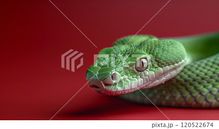 Green wooden snake on red festive background with concept for congratulations and symbol of Chinese new year 2024 120522674