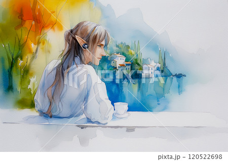 watercolor for a podcast about music on the network, an elf with beautiful long hair, wearing headphones against the backdrop of the bay and rocks and listening to music 120522698