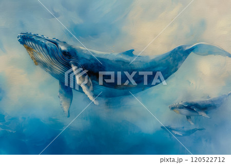 Blue whales swim in the ocean, watercolor poster with concern for ecology and animals Blue whales swim in the ocean, watercolor poster with concern for ecology and animals 120522712