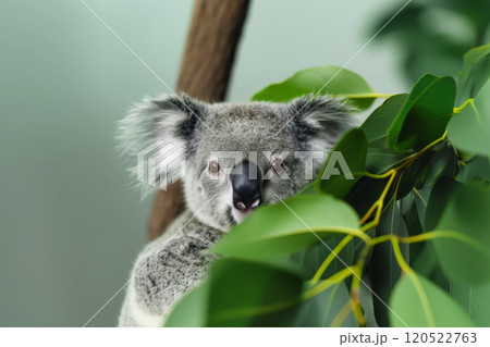 Koala on a eucalyptus tree hides among the foliage, concept of caring for wild animals 120522763
