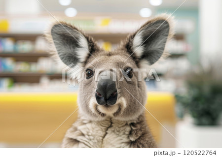 Portrait of a kangaroo in a pharmacy buying pills, pet care concept Portrait of a kangaroo in a pharmacy buying pills, pet care concept 120522764
