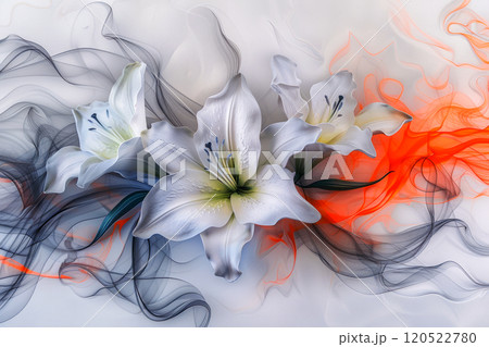 art nouveau pattern with blooming lilies in white marble on a marble background with flowing paint colors 120522780