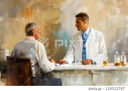 Watercolor painting of pharmacist and clinic manager discussing drug supply, healthcare concept Watercolor painting of pharmacist and clinic manager discussing drug supply, healthcare concept 120522787