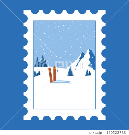 Stamp Merry Christmas.Hello,Winter.Greeting text with skis and fir trees in the mountains for cold season celebration. Stickers.Poster,greeting cards.Snowflake.Holiday Winter days. 120522788