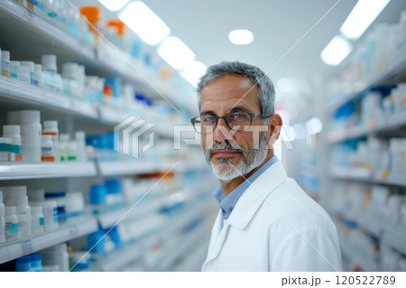 An adult male pharmacist in a warehouse in a drug store, stands among shelves with medicines and collects an order for a buyer, healthcare concept An adult male pharmacist in a warehouse in a drug store, stands among shelves with medicines and collects an order for a buyer, healthcare concept 120522789