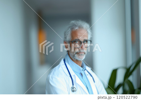 Portrait of a tired therapist in a clinic corridor with a stethoscope on his neck, space for healthcare concept 120522790