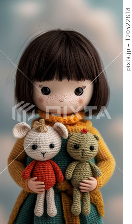 Vertical portrait of amigurumi dolls made in Japanese style, background with pink clouds, gift idea 120522818