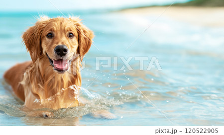 Happy retriever lying in the sea at the surf line, space concept of pet care and play by the sea on vacation Happy retriever lying in the sea at the surf line, space concept of pet care and play by the sea on vacation 120522905