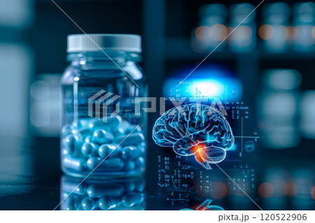Calculation and modeling of the impact of new drugs on treatment, brain projection with data and calculations for the creation of new drugs, blue neon light of the laboratory 120522906