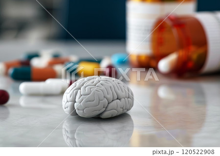 model of human brain on table next to pills and medicines, research of treatment and correction of health of brain problems 120522908