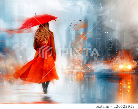 Autumn city poster, heavy rain and a woman in a red coat under an umbrella walking along the sidewalk, concept about the change of seasons and advertising vitamins for the prevention of colds 120522915