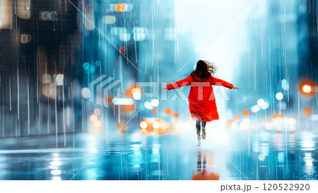 Silhouette of a young woman in a red coat walking in the autumn rain, concept for advertising vitamins for prevention and health protection 120522920