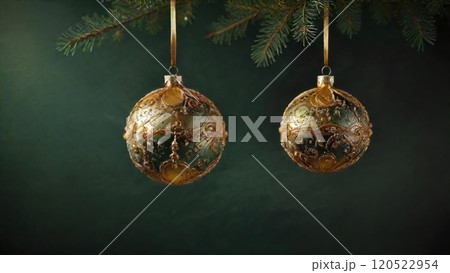 Gold ornaments on evergreen branches for the holidays 120522954