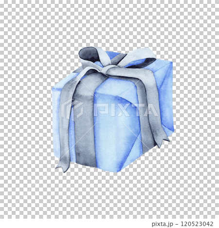 Gift. Watercolor illustration of a surprise. The drawing is made by hand. Blue gift box for the holiday 120523042