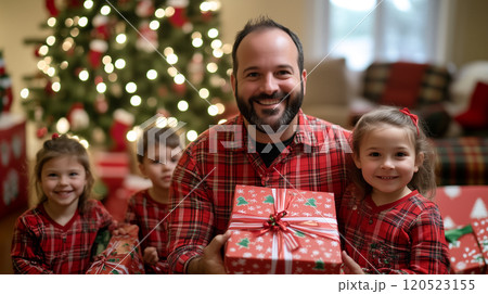 Proud Happy Father Holding Christmas Gifts with Children Near The Decorated Tree. Generative AI. Proud Happy Father Holding Christmas Gifts with Children Near The Decorated Tree. Generative AI. 120523155