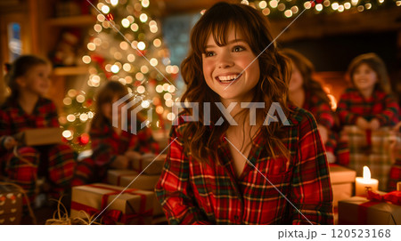 Happy Young Sisters Wearing Matching Pajamas Near the Christmas Tree. Generative AI. 120523168