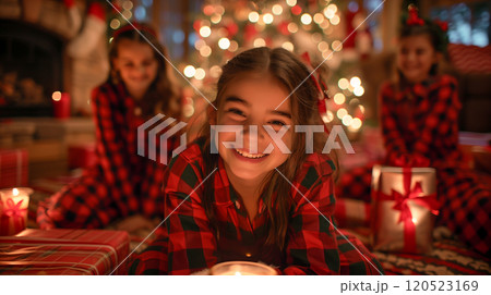 Happy Young Sisters Wearing Matching Pajamas Near the Christmas Tree. Generative AI. 120523169