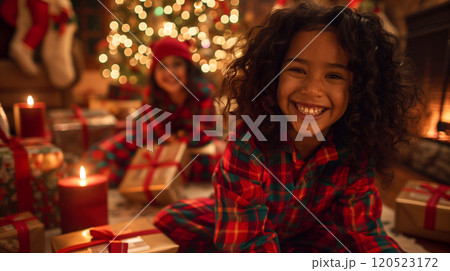 Happy Young Sisters Wearing Matching Pajamas Near the Christmas Tree. Generative AI. 120523172