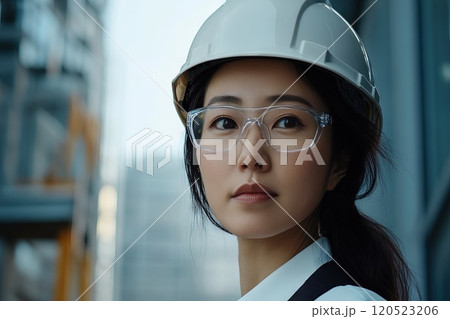 Portrait of engineer asian woman wearing helmet Generative AI 120523206