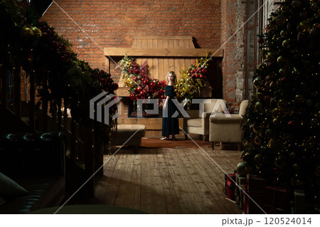 tree girl cozy alone woman christmas home new fireplace holiday young year celebration tree girl cozy alone woman christmas home new fireplace holiday young year celebration 120524014