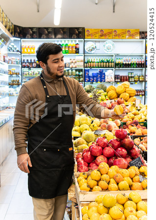 man vegan seller people caucasian vegetable organic groceries buying food market selling shopping 120524415