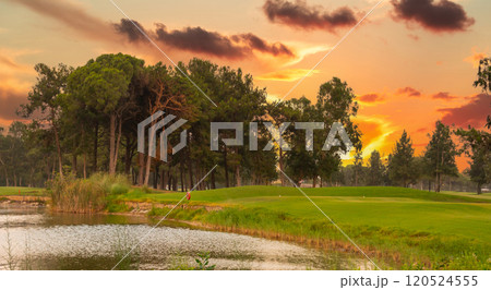 A serene pond reflecting the vibrant sunset sky, surrounded by lush greenery, trees, and a peaceful golf course. 120524555