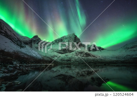 Aurora Borealis illuminates snowy mountains and serene lake 120524604