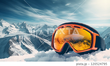 Snowboarding ski mask glasses with reflection of snowy mountains. Neural network ai generated art 120524795