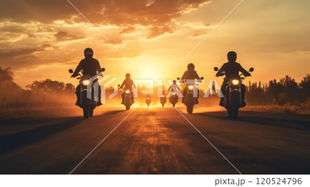 Bikers driving a motorcycle rides along the asphalt road. Neural network ai generated art 120524796