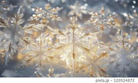 Snowflakes frost rime macro on window glass pane. Neural network ai generated art 120524872