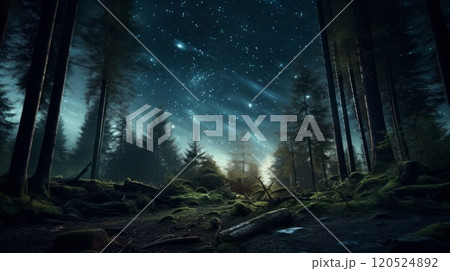 Dark forest and stars on sky at night. Neural network ai generated art Dark forest and stars on sky at night. Neural network ai generated art 120524892